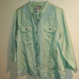 Chicos Light Green Cotton Linen Blend Jacket Lace 3/XL